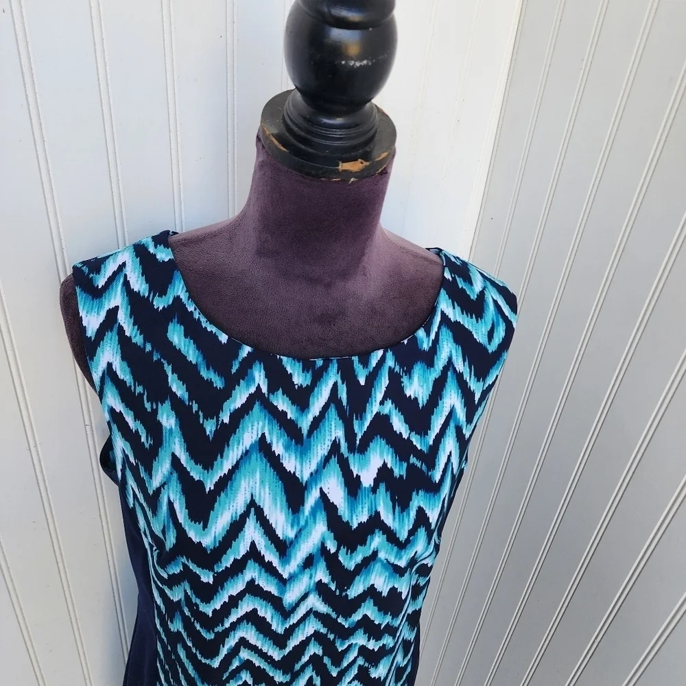 Connected Apparel Navy Blue Aqua Wave Sleeveless Sheath Dress Women's 10